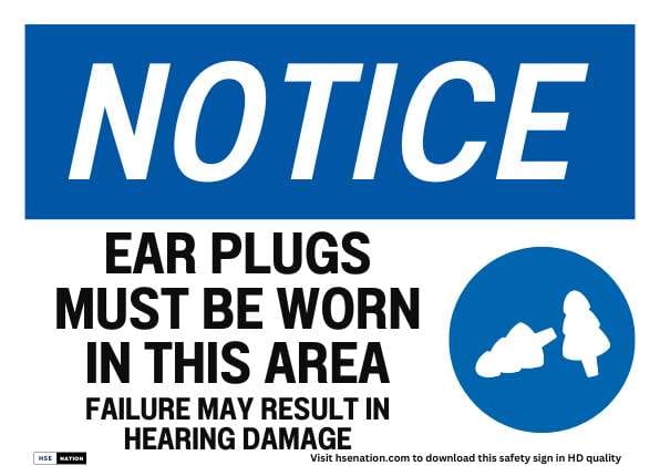 Notice Sign Ear Plugs Must Be Worn In This Area Failure May Result In Hearing Damage